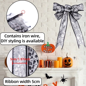 Halloween 5cm wire-edged ribbon bow with silver skull and ghost prints for DIY decor