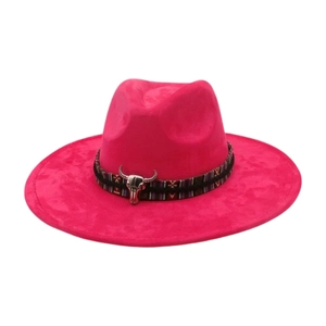 Close-up of rose red wide brim fedora with ethnic woven band and silver bull head buckle