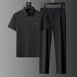Men's black ice silk short sleeve polo shirt and straight pants casual set