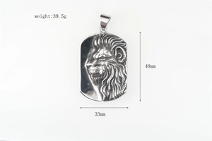 Detail view of silver steel lion head embossed pendant with 48mm size and 39.5g weight