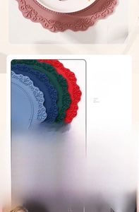 Détail de motifs de dentelle gaufrée sur des sets de table ronds en silicone thermique