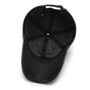Black vintage washed denim baseball cap showing interior structure and adjustable buckle