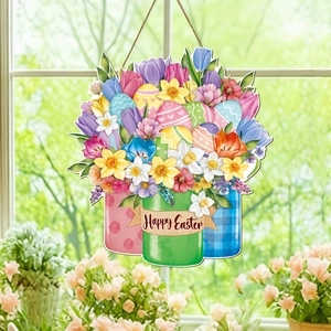 Happy Easter hanging wooden sign featuring colorful mason jars, tulips, and easter eggs