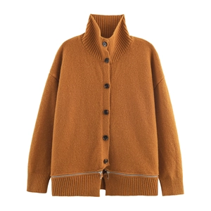 Gilet En Tricot Doux Pour Femmes Cardigan Ample Col Montant Boutonnière Ourlet Zippé Manches Longues Décontracté Automne
