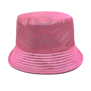 Detailed view of pink laser holographic fabric texture on a stylish bucket hat