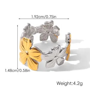 Detailed dimensions of gold and silver flower open ring with weight and size metrics