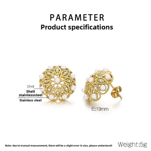 Detail view of gold stainless steel stud earrings with hollow pattern and pearl inlay