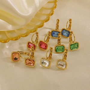 Elegant gold titanium steel hoop earrings with colorful rectangular zircon stones