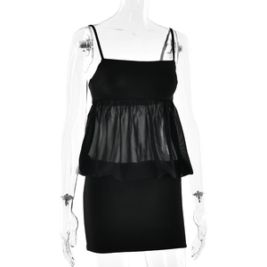 Detail view of black mini dress featuring sheer chiffon ruffles and bodycon silhouette