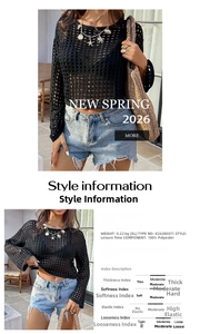 Detail view of black cut-out knit long sleeve top with material and size specifications