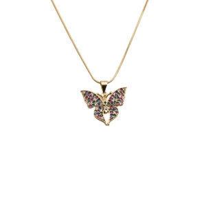 Golden butterfly necklace with colorful zircon stones on a sleek snake bone chain