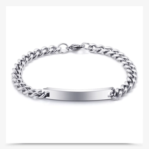 Polished stainless steel ID bracelet featuring a 7mm Cuban chain and blank bar