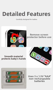 Detailed view of white educational toy phone featuring touch screen icons and battery compartment