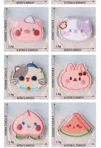 Size chart showing cartoon animal patches dimensions and weights in inches and cm