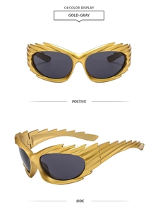Detailed front and side views of Y2K gold wing-shaped sunglasses with gray lenses