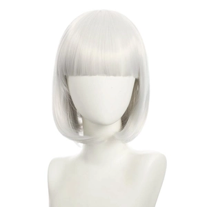 Detailed view of short white BOBO wig with straight bangs on a model head
