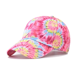 Detailed view of multi-color tie-dye cotton baseball cap with neat stitching