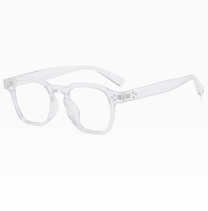 Detail view of transparent square frames and hinges of these modern fashion sunglasses