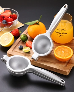 Macro shot of silver metal lemon squeezer on a wooden board with fresh fruits