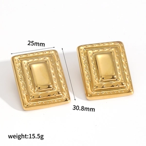 Detailed view of square two-tone stainless steel earrings with 25mm by 30.8mm dimensions