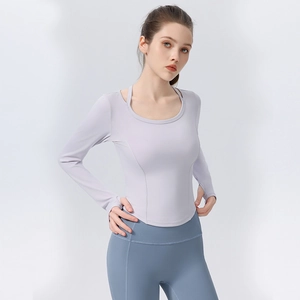 Slim fit lavender long sleeve yoga top and blue high waist leggings sports set