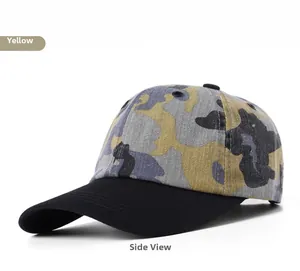 Side view of distressed camouflage baseball cap with yellow patterns and black brim