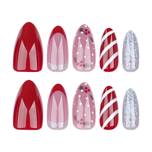 French red candy stripe Christmas press-on nails with silver glitter in almond shape