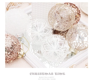 Detailed view of 8cm champagne gold Christmas balls with lace and glitter textures