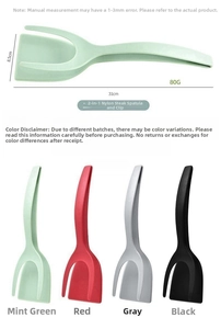Detail view of 2-in-1 nylon food spatula and tong with dimensions and four color options
