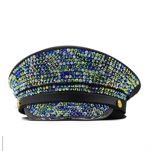 Fashionable flat-top military hat with colorful rhinestones and gold button accents