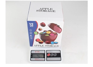 Detailed view of apple-shaped educational toy on scale showing 402g weight for 12pcs set