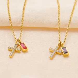 Gold Plated Cross Pendant Necklace Stainless Steel Zircon Rectangular Birthstone Clavicle Chain Minimalist Jewelry Women