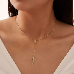 Elegant 925 sterling silver Y-shaped cross necklace with gold medal pendant for women