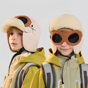 Kinder Winterfliegermütze mit abnehmbarer Brille und warmem Fleecefutter für den Außenbereich