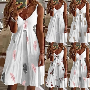 Damen Sommerkleid mit V-Ausschnitt und lockeren Feder- oder Blumenmustern im Set