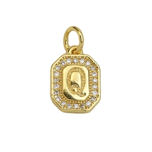 Detailed view of an 18k gold plated octagonal pendant with letter Q and zircon inlay