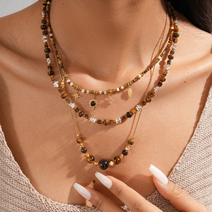 Vintage Bohemian Tiger Eye Stone Necklace Sun Star Beaded Clavicle Chain Jewelry For Women Retro Style Accessory