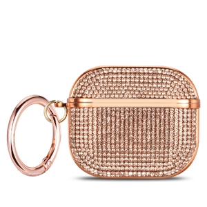 Close-up of luxury champagne rhinestone AirPods case with rose gold metal hook buckle