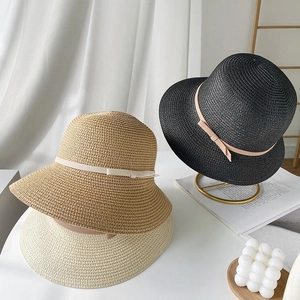 Women Straw Bucket Hat Woven Sun Protection Beach Summer Cap Ribbon Bow Decor Elegant Packable Breathable Short Brim