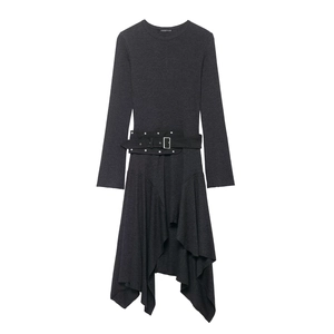 Robe Midi Asymétrique À Manches Longues Couleur Unie Texture Tricotée Avec Ceinture Col Rond Ourlet Irrégulier Style Élégant