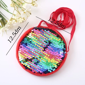 Kids round plush sequin crossbody bag with colorful rainbow sequins and red trim