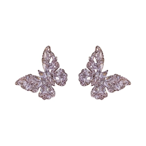 Silver butterfly stud earrings with sparkling cubic zirconia on white background
