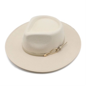 Close-up of beige wool felt fedora featuring a slim leather band with a gold metal buckle