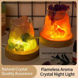 Natural crystal stone aroma night light with wood LED base and glass container for desk