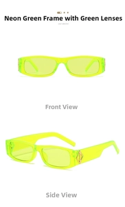 Detail view of neon green rectangular sunglasses with diamond rivets and thick arms