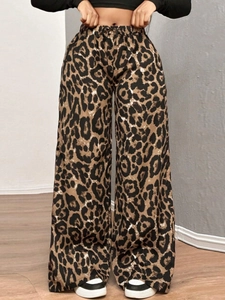 Pantaloni A Gamba Larga Con Stampa Leopardata Vita Alta Coulisse Sciolti Casual Donna Streetwear Morbidi