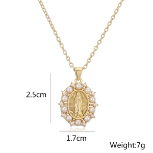 Detailed view of gold oval Mary pendant with pearls, 2.5cm height and 7g weight info