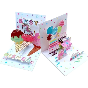 3D pop-up birthday cards featuring unicorn and party themes with paper envelopes