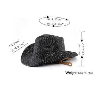 Detail diagram showing black cowboy straw hat dimensions for head size and brim width