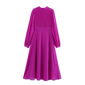 Abito Maxi Elegante Da Donna In Chiffon Pieghettato Con Collo Alto Maniche Lunghe Tinta Unita Festa Formale Linea A